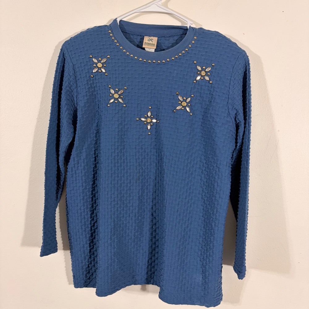 Haband Embellished Top Womens Medium Blue Textured Long Sleeve VINTAGE
